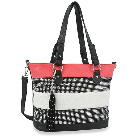Coral Lightweight Rhinestone Accent Striped Handbag - Picture 1 of 2